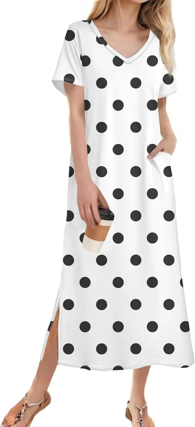 Summer Dresses for Women Casual Split Long Dress Loose T Shirt Dress Floral Print Short Sleeve Beach Dress with Pockets