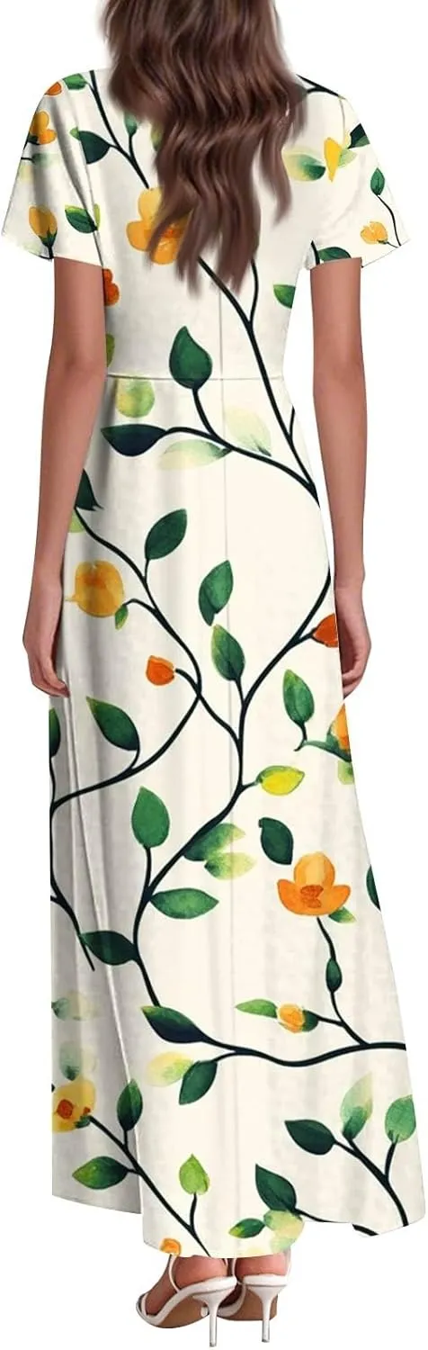 Summer Dresses for Women Casual Trendy Short Sleeve V-Neck Floral Print Flowy Boho Maxi Vacation Dress, XS-2XL