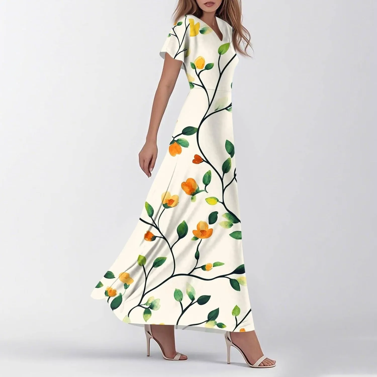 Summer Dresses for Women Casual Trendy Short Sleeve V-Neck Floral Print Flowy Boho Maxi Vacation Dress, XS-2XL