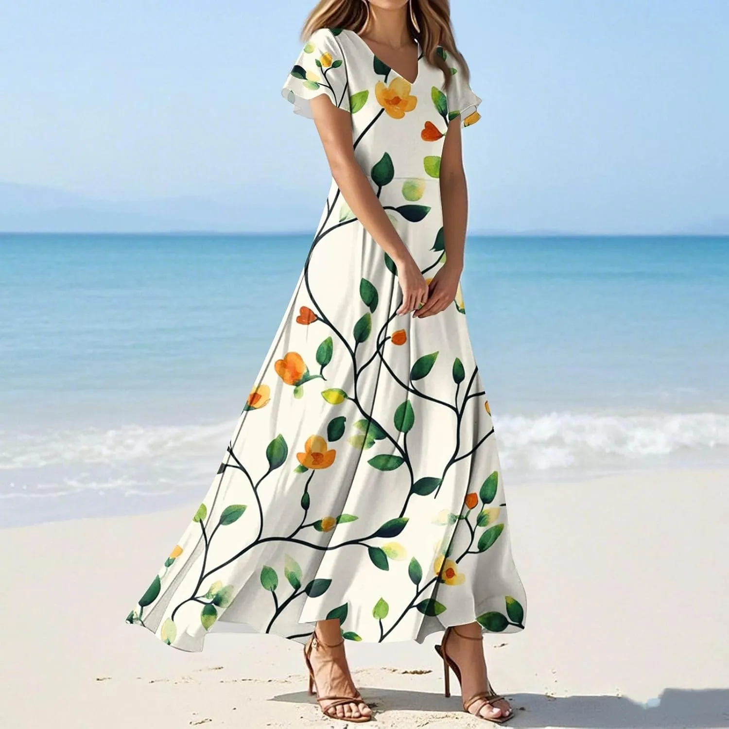 Summer Dresses for Women Casual Trendy Short Sleeve V-Neck Floral Print Flowy Boho Maxi Vacation Dress, XS-2XL