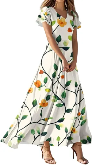 Summer Dresses for Women Casual Trendy Short Sleeve V-Neck Floral Print Flowy Boho Maxi Vacation Dress, XS-2XL