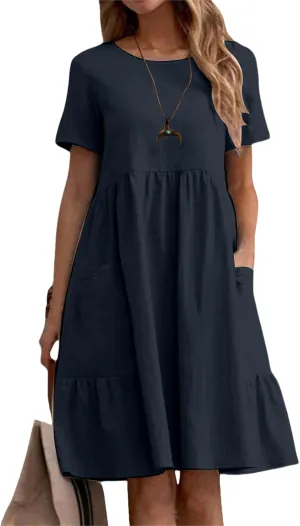 Summer Dresses for Women Cotton Linen Casual Midi Dresses Short Sleeve Crewneck Loose Flowy Dress with Pockets