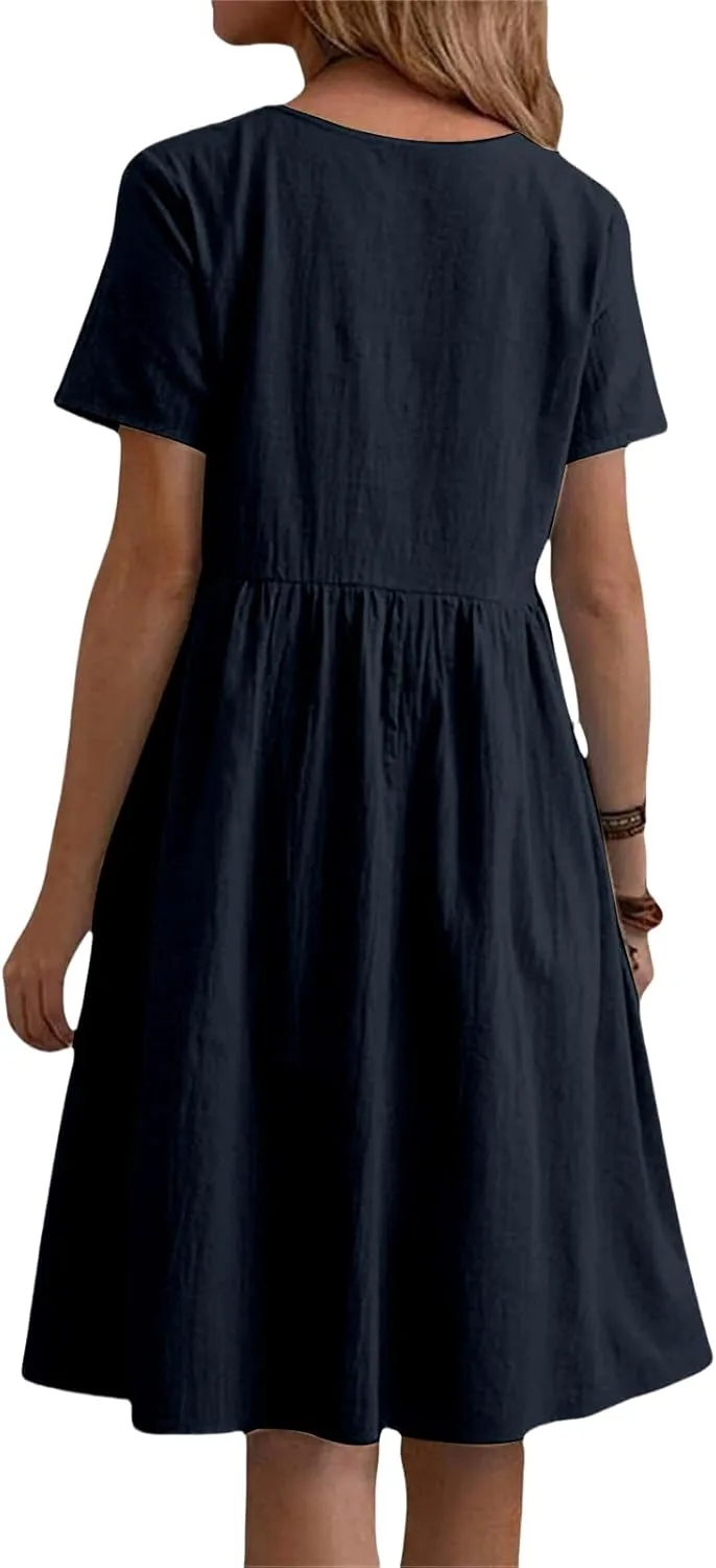 Summer Dresses for Women Cotton Linen Casual Midi Dresses Short Sleeve Crewneck Loose Flowy Dress with Pockets
