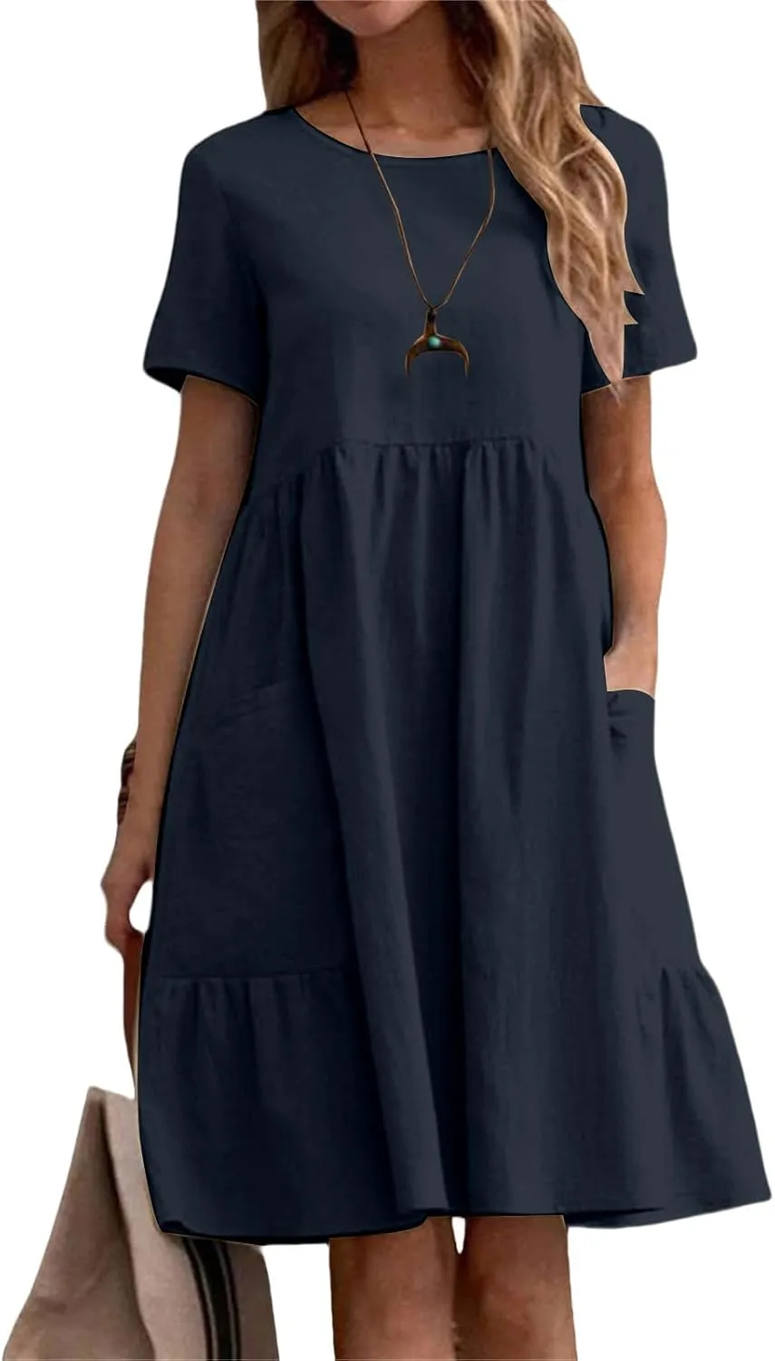 Summer Dresses for Women Cotton Linen Casual Midi Dresses Short Sleeve Crewneck Loose Flowy Dress with Pockets