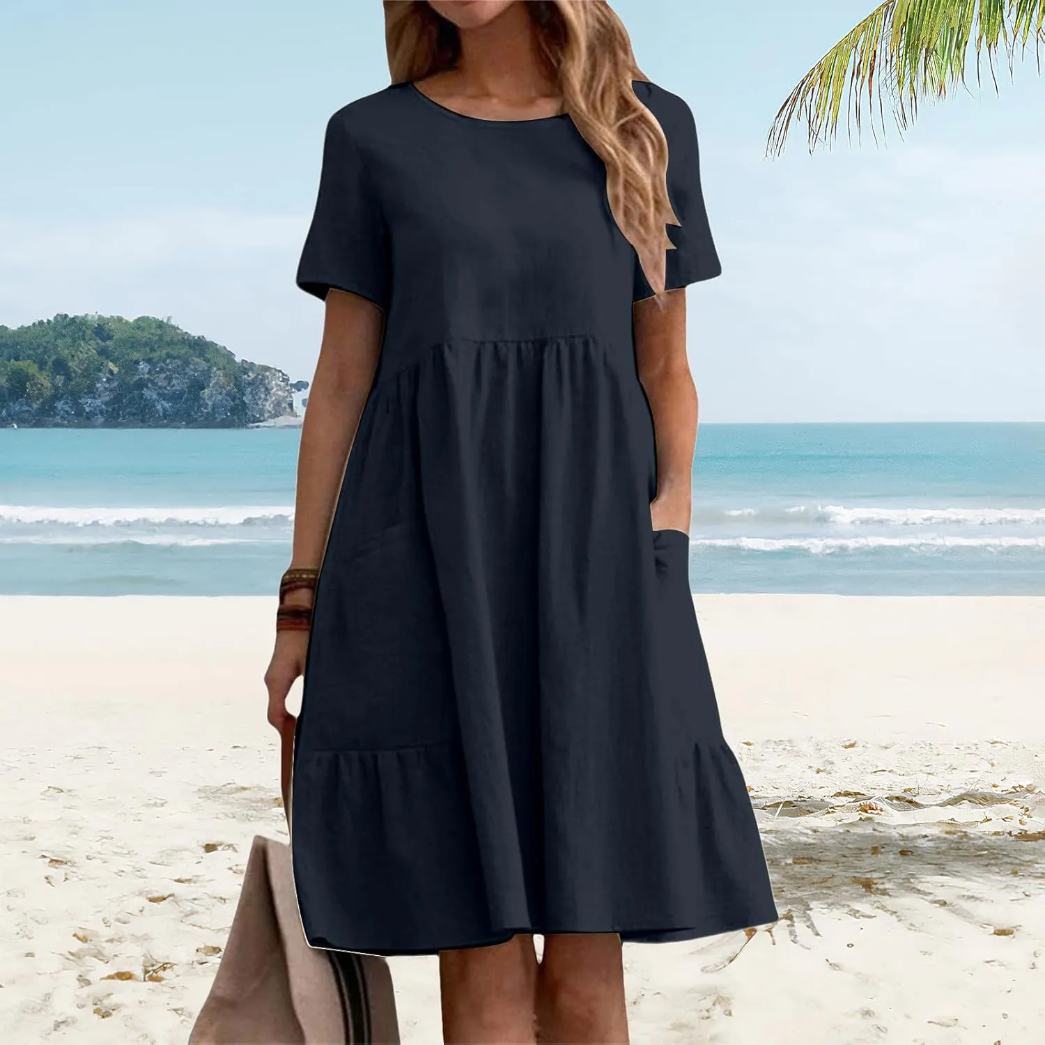 Summer Dresses for Women Cotton Linen Casual Midi Dresses Short Sleeve Crewneck Loose Flowy Dress with Pockets