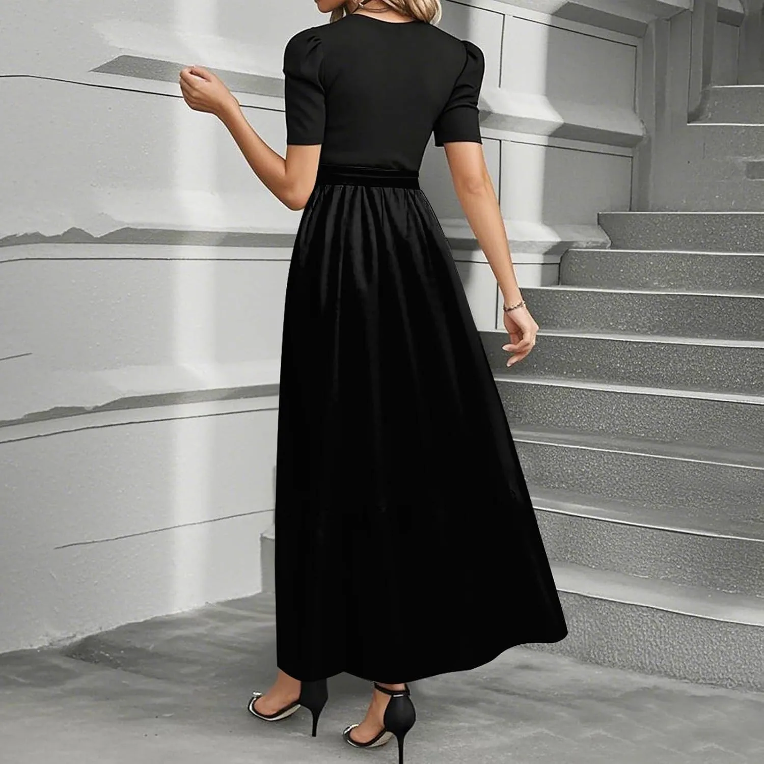 Summer Dresses for Women Elegant Ruffle Hem Cocktail A Line Flowy Dress Trendy Solid Color Short Sleeve Maxi Sundress