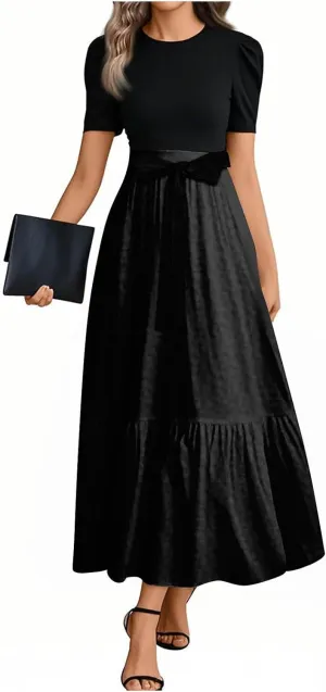 Summer Dresses for Women Elegant Ruffle Hem Cocktail A Line Flowy Dress Trendy Solid Color Short Sleeve Maxi Sundress