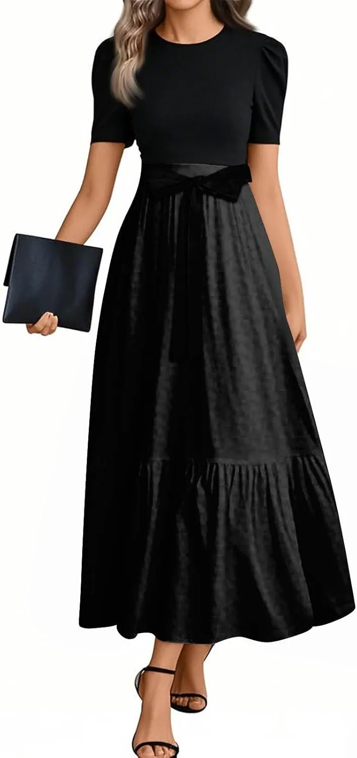 Summer Dresses for Women Elegant Ruffle Hem Cocktail A Line Flowy Dress Trendy Solid Color Short Sleeve Maxi Sundress