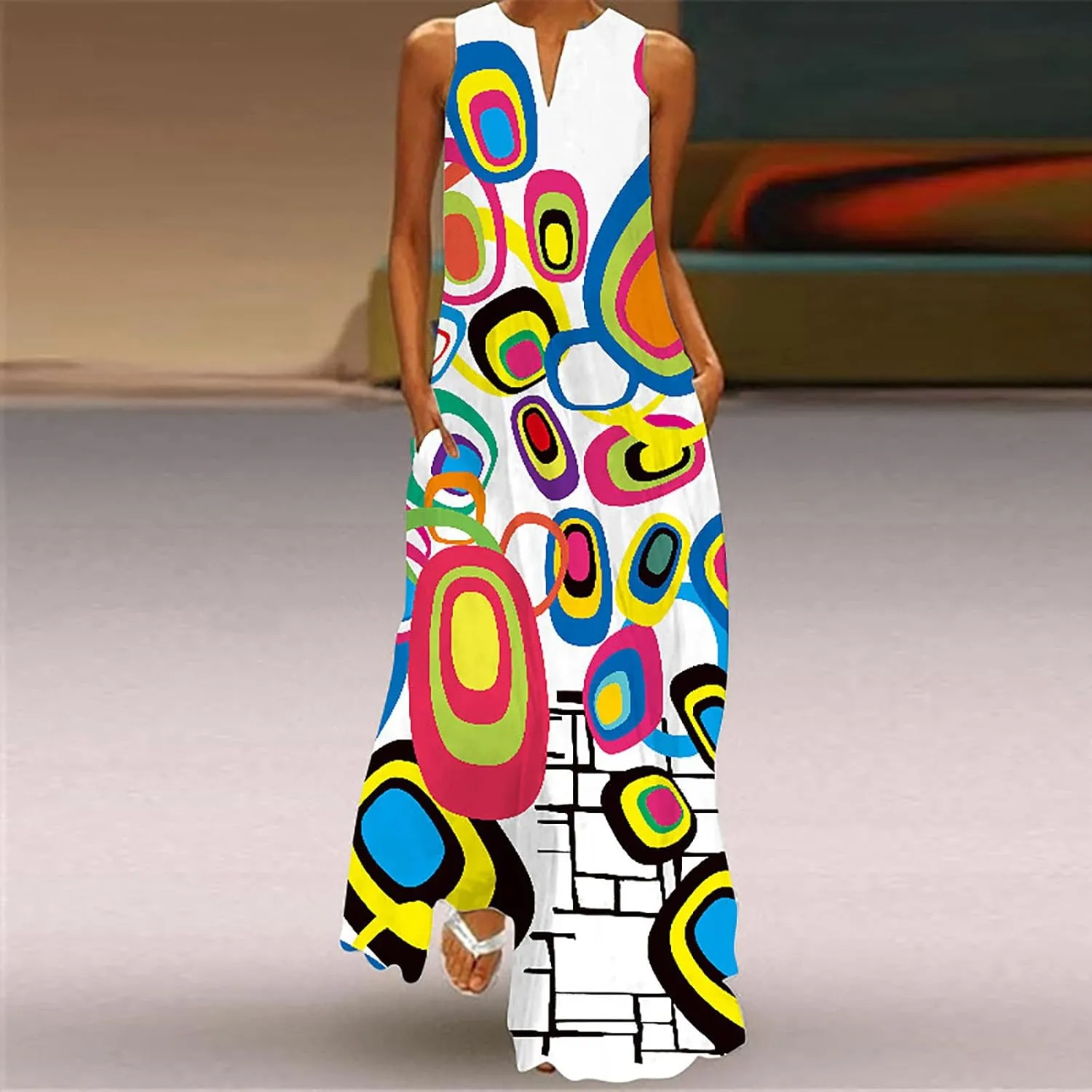 Summer Dresses for Women Fashion Long Dress with Pockets Boho Floral Print Sleeveless Maxi Dress Floor Length Dress