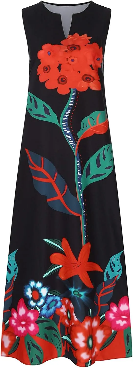 Summer Dresses for Women Fashion Long Dress with Pockets Boho Floral Print Sleeveless Maxi Dress Floor Length Dress