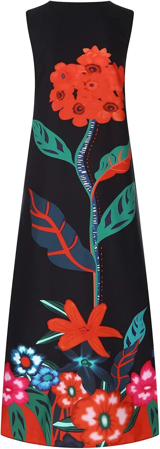 Summer Dresses for Women Fashion Long Dress with Pockets Boho Floral Print Sleeveless Maxi Dress Floor Length Dress