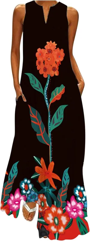 Summer Dresses for Women Fashion Long Dress with Pockets Boho Floral Print Sleeveless Maxi Dress Floor Length Dress