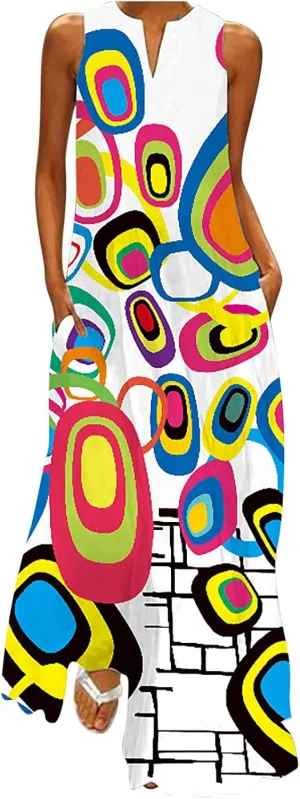 Summer Dresses for Women Fashion Long Dress with Pockets Boho Floral Print Sleeveless Maxi Dress Floor Length Dress