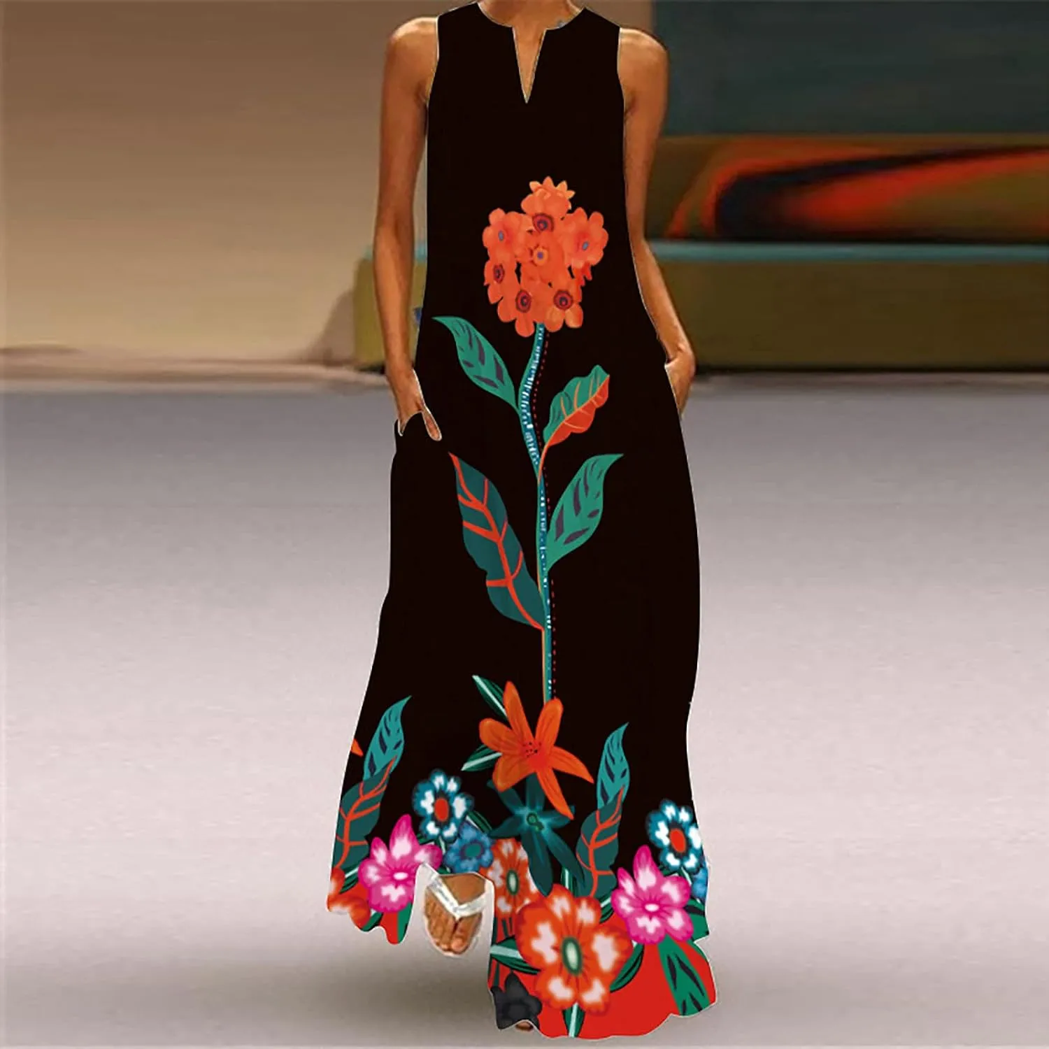 Summer Dresses for Women Fashion Long Dress with Pockets Boho Floral Print Sleeveless Maxi Dress Floor Length Dress