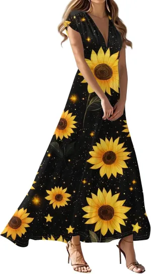 Summer Dresses for Women Short Sleeve Deep V Neck Maxi Dress Fitted Vintage Floral Print High Waist Dress