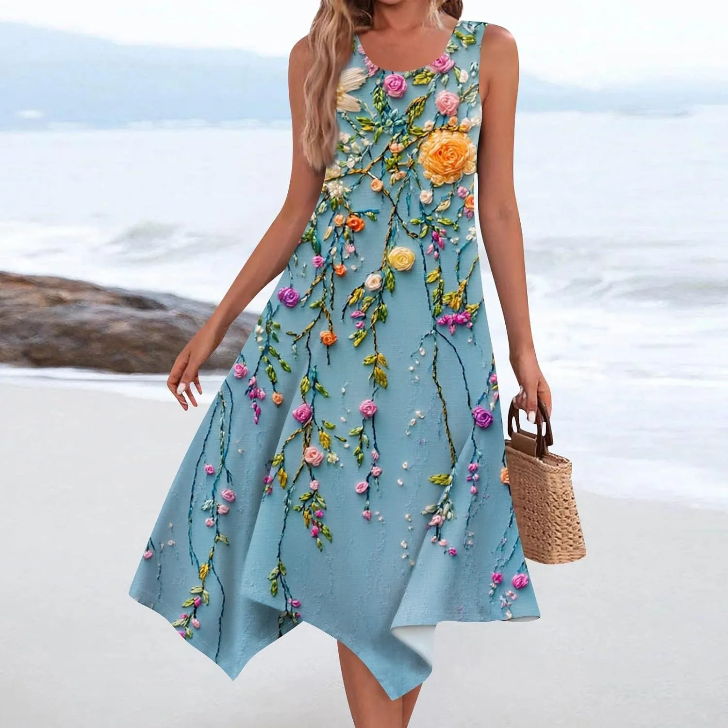 Summer Dresses for Women Summer Casual Beach Sundresses Flowy Hankerchief Hem Midi Tank Dresses Floral Sleeveless Dress