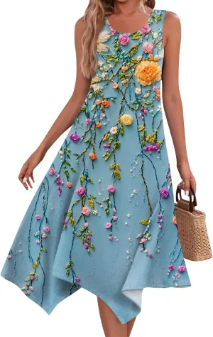 Summer Dresses for Women Summer Casual Beach Sundresses Flowy Hankerchief Hem Midi Tank Dresses Floral Sleeveless Dress