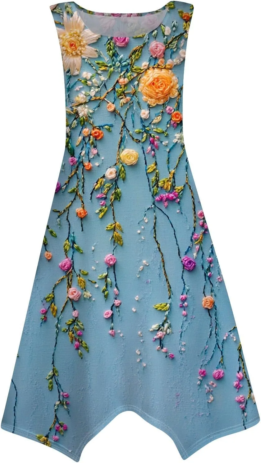 Summer Dresses for Women Summer Casual Beach Sundresses Flowy Hankerchief Hem Midi Tank Dresses Floral Sleeveless Dress