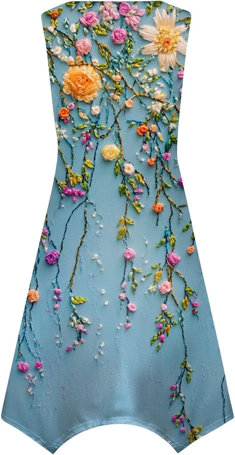Summer Dresses for Women Summer Casual Beach Sundresses Flowy Hankerchief Hem Midi Tank Dresses Floral Sleeveless Dress