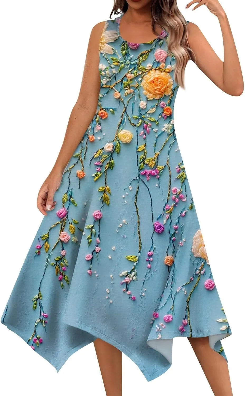 Summer Dresses for Women Summer Casual Beach Sundresses Flowy Hankerchief Hem Midi Tank Dresses Floral Sleeveless Dress