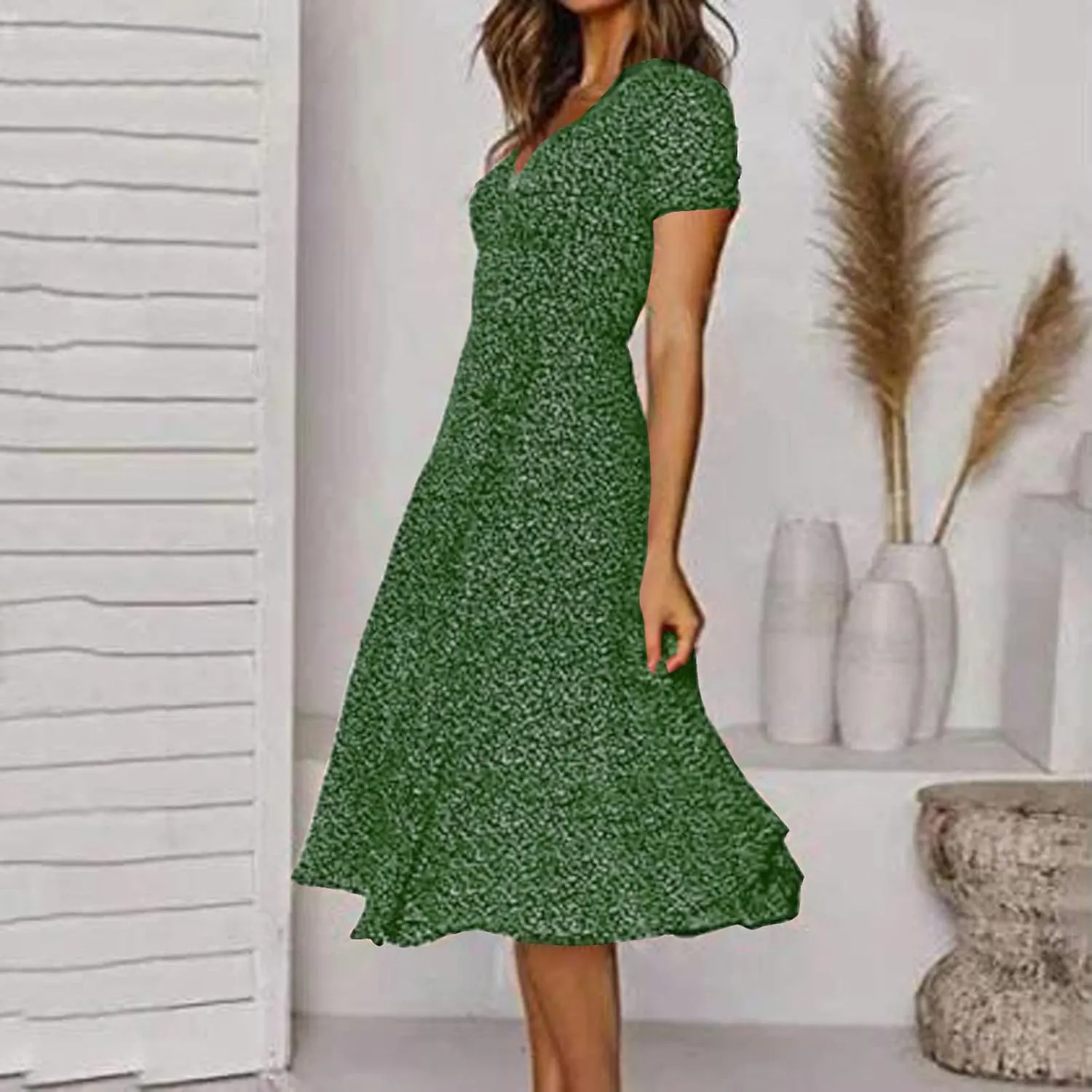 Summer Dresses for Women V-Neck Bandage Print Boho Maxi Dresses Casual Short Sleeve Flowy Swing Hawaiian Dresses
