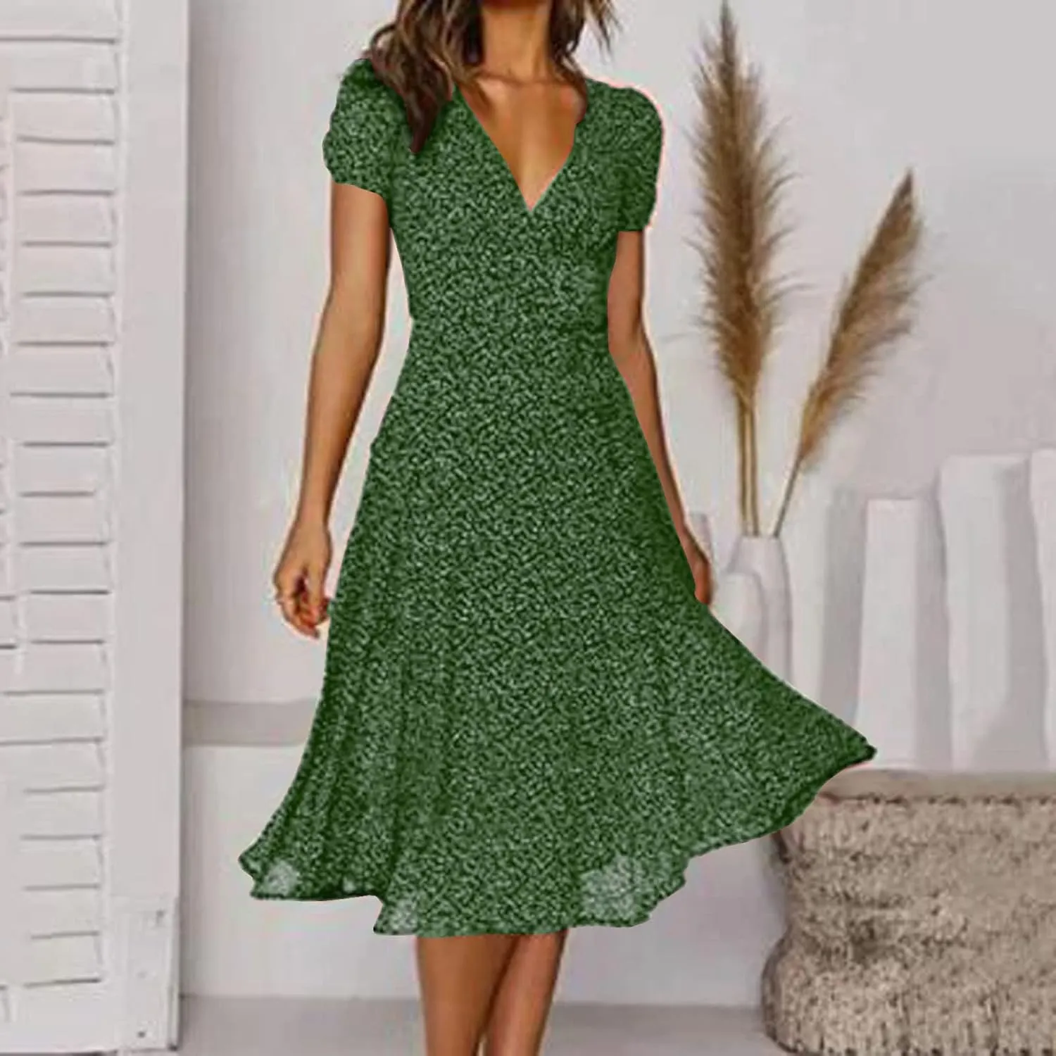 Summer Dresses for Women V-Neck Bandage Print Boho Maxi Dresses Casual Short Sleeve Flowy Swing Hawaiian Dresses