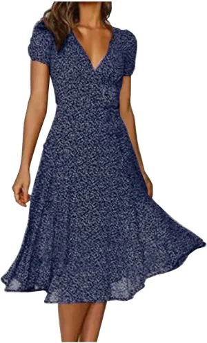 Summer Dresses for Women V-Neck Bandage Print Boho Maxi Dresses Casual Short Sleeve Flowy Swing Hawaiian Dresses