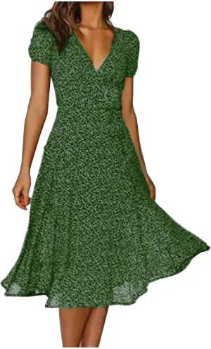 Summer Dresses for Women V-Neck Bandage Print Boho Maxi Dresses Casual Short Sleeve Flowy Swing Hawaiian Dresses