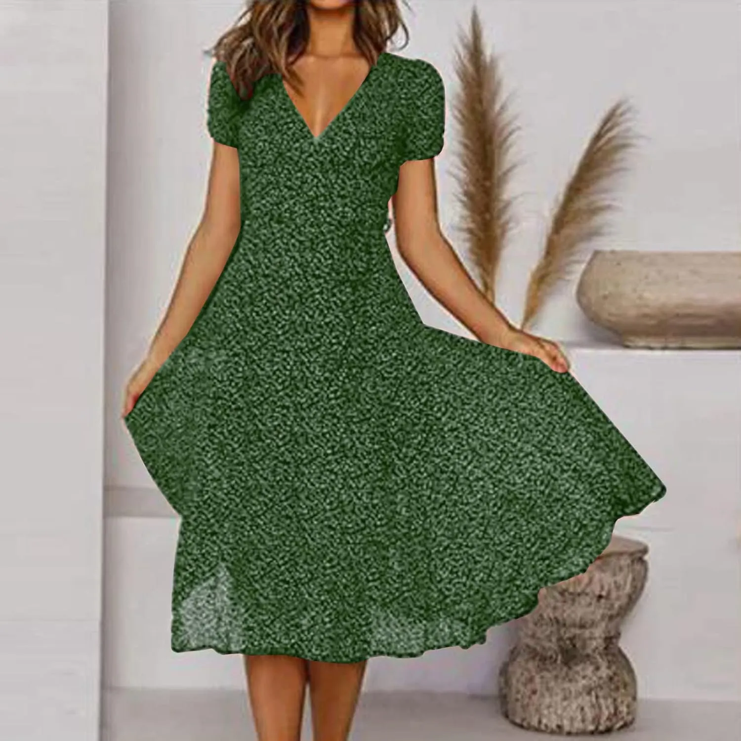 Summer Dresses for Women V-Neck Bandage Print Boho Maxi Dresses Casual Short Sleeve Flowy Swing Hawaiian Dresses