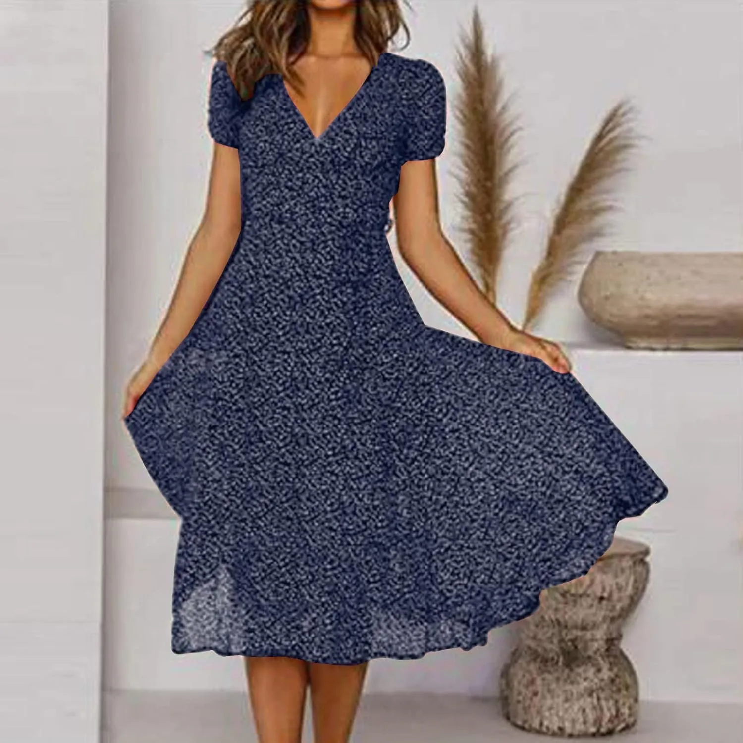 Summer Dresses for Women V-Neck Bandage Print Boho Maxi Dresses Casual Short Sleeve Flowy Swing Hawaiian Dresses