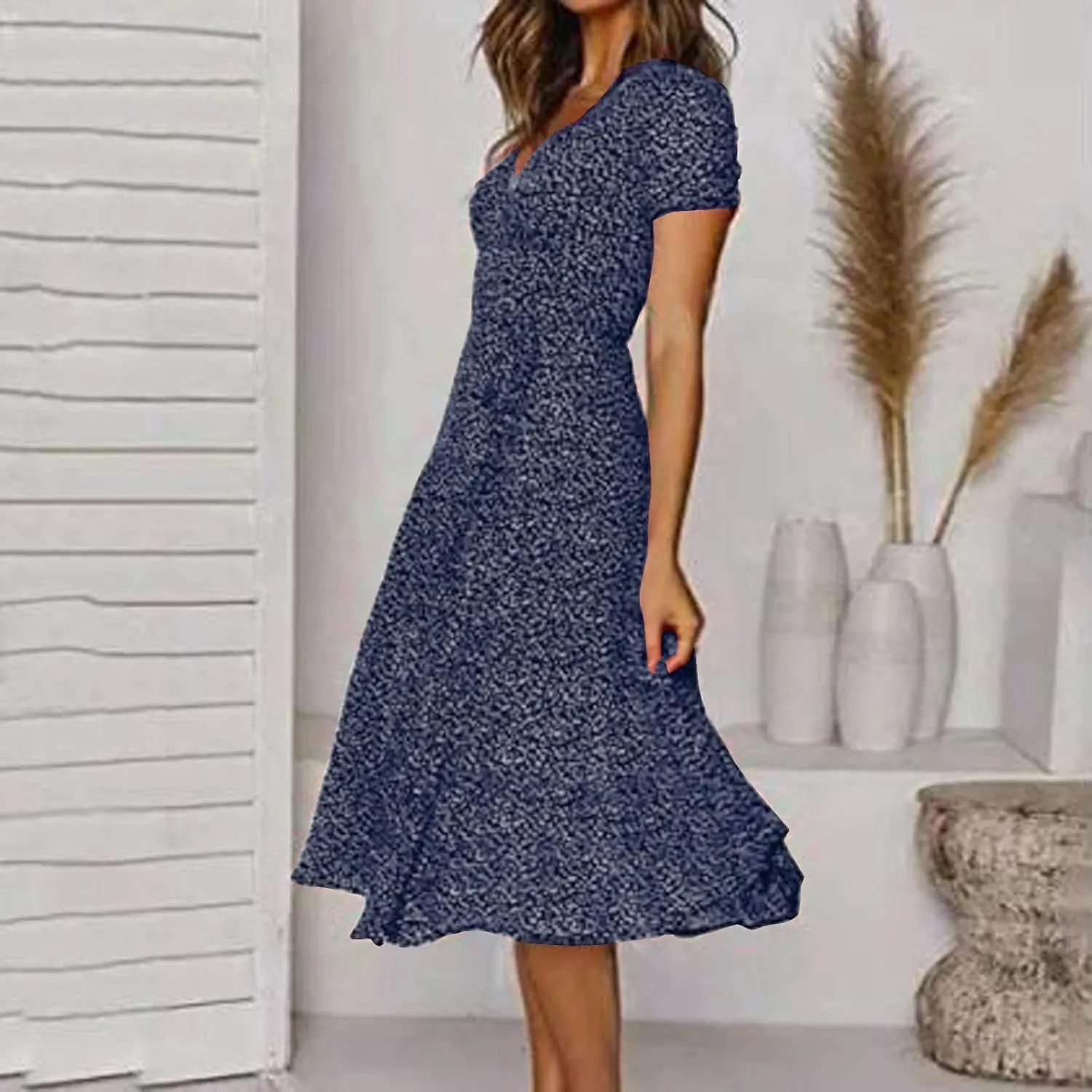 Summer Dresses for Women V-Neck Bandage Print Boho Maxi Dresses Casual Short Sleeve Flowy Swing Hawaiian Dresses