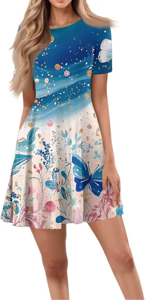 Summer Dresses with Pockets, Mini Dress Short Sleeve Peplum Round Neck T Shirt Dresses for Women 2025 Elegant Dress