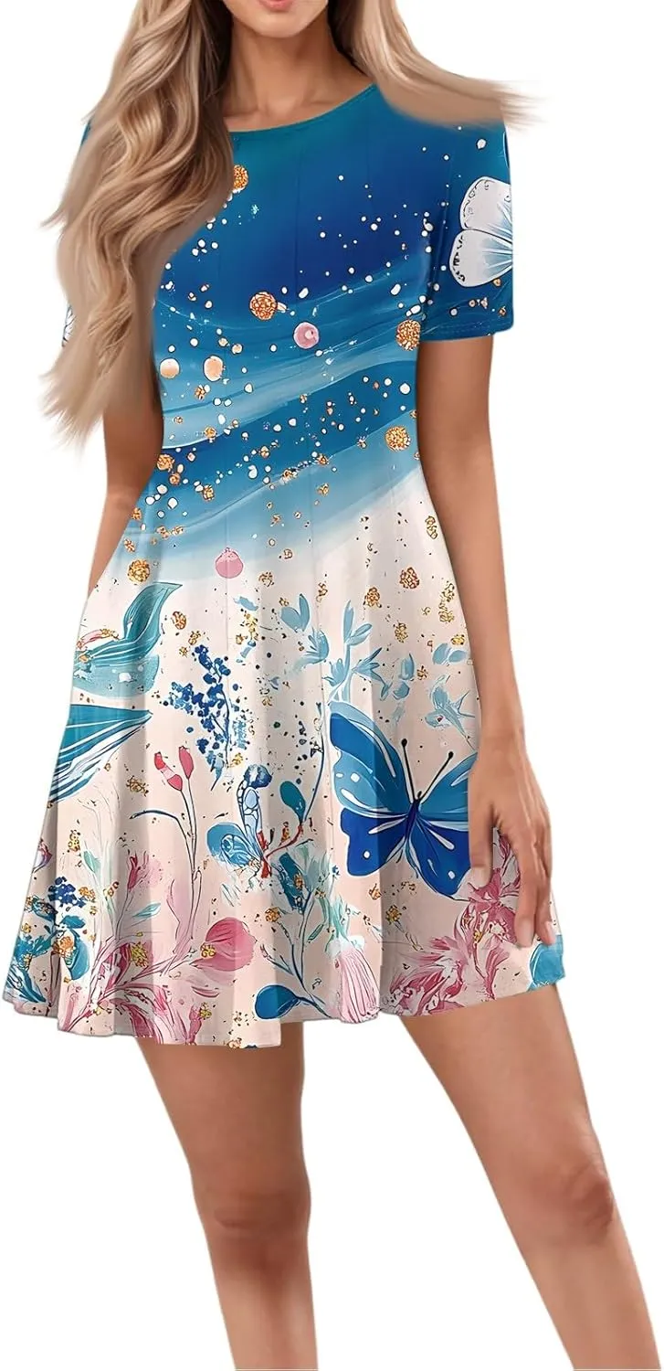 Summer Dresses with Pockets, Mini Dress Short Sleeve Peplum Round Neck T Shirt Dresses for Women 2025 Elegant Dress