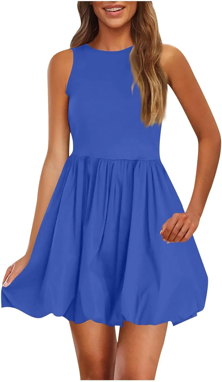 Summer Dresses Women 2025 Casual Sleeveless Tank Mini Short Dress Crew Neck Bubble Sundress Beach Wedding Guest Dress