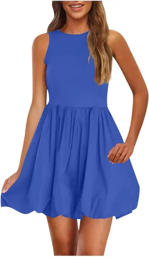 Summer Dresses Women 2025 Casual Sleeveless Tank Mini Short Dress Crew Neck Bubble Sundress Beach Wedding Guest Dress