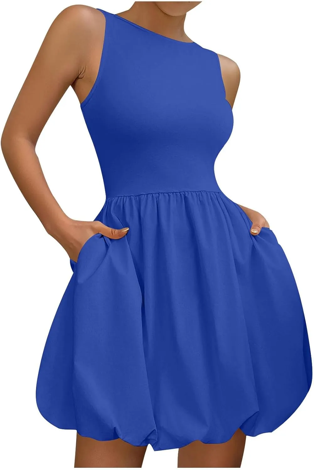 Summer Dresses Women 2025 Casual Sleeveless Tank Mini Short Dress Crew Neck Bubble Sundress Beach Wedding Guest Dress