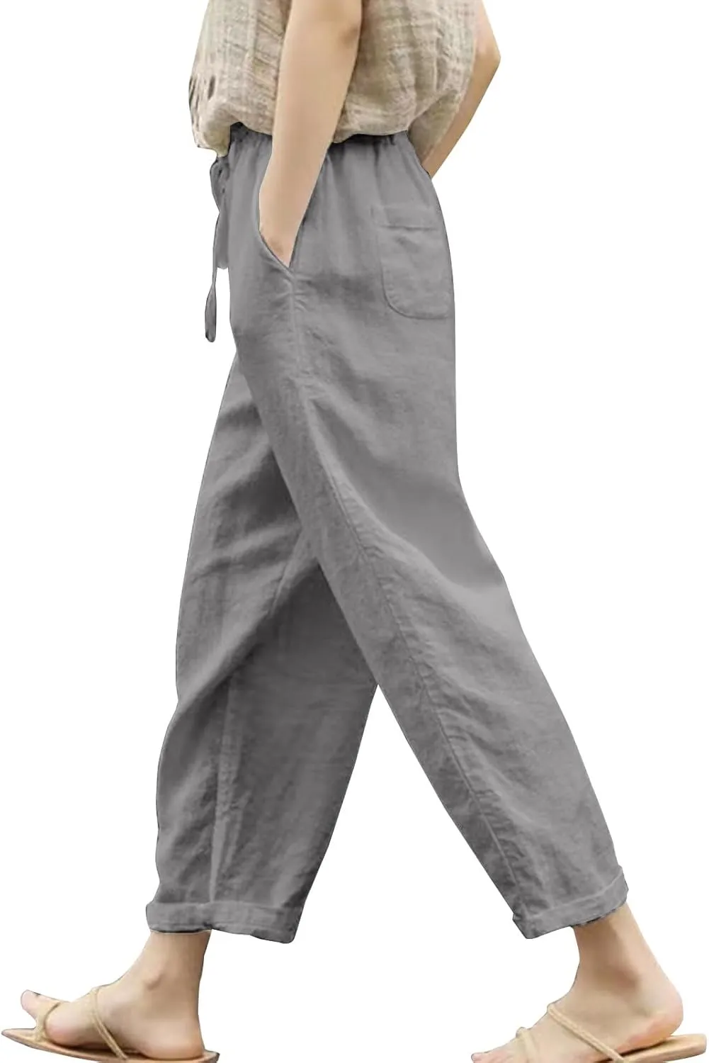 Summer Linen Pants for Women Women Drawstring Elastic Waist Harem Pant Basic Lightweight Linen Linen Work (Grey, M)