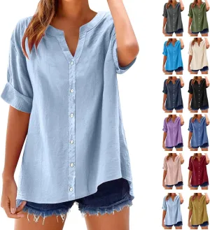 Summer Linen Work Tops for Women Trendy Button Down Plus Size V Neck Boho Clothes Spring Tops for Women 2025 Fashion
