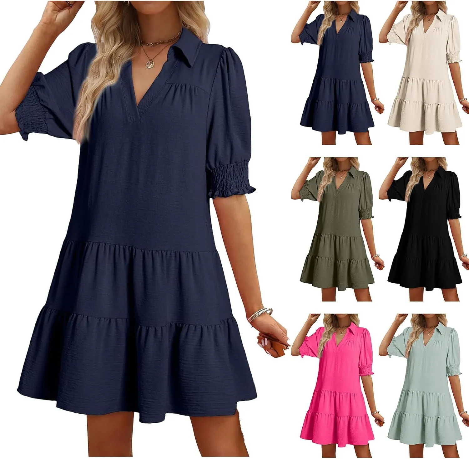Summer Mini Dress for Women Lapel Collared V Neck Flutter Sleeve Maxi Dress Casual Beach Sundress Vacation