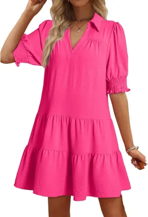 Summer Mini Dress for Women Lapel Collared V Neck Flutter Sleeve Maxi Dress Casual Beach Sundress Vacation