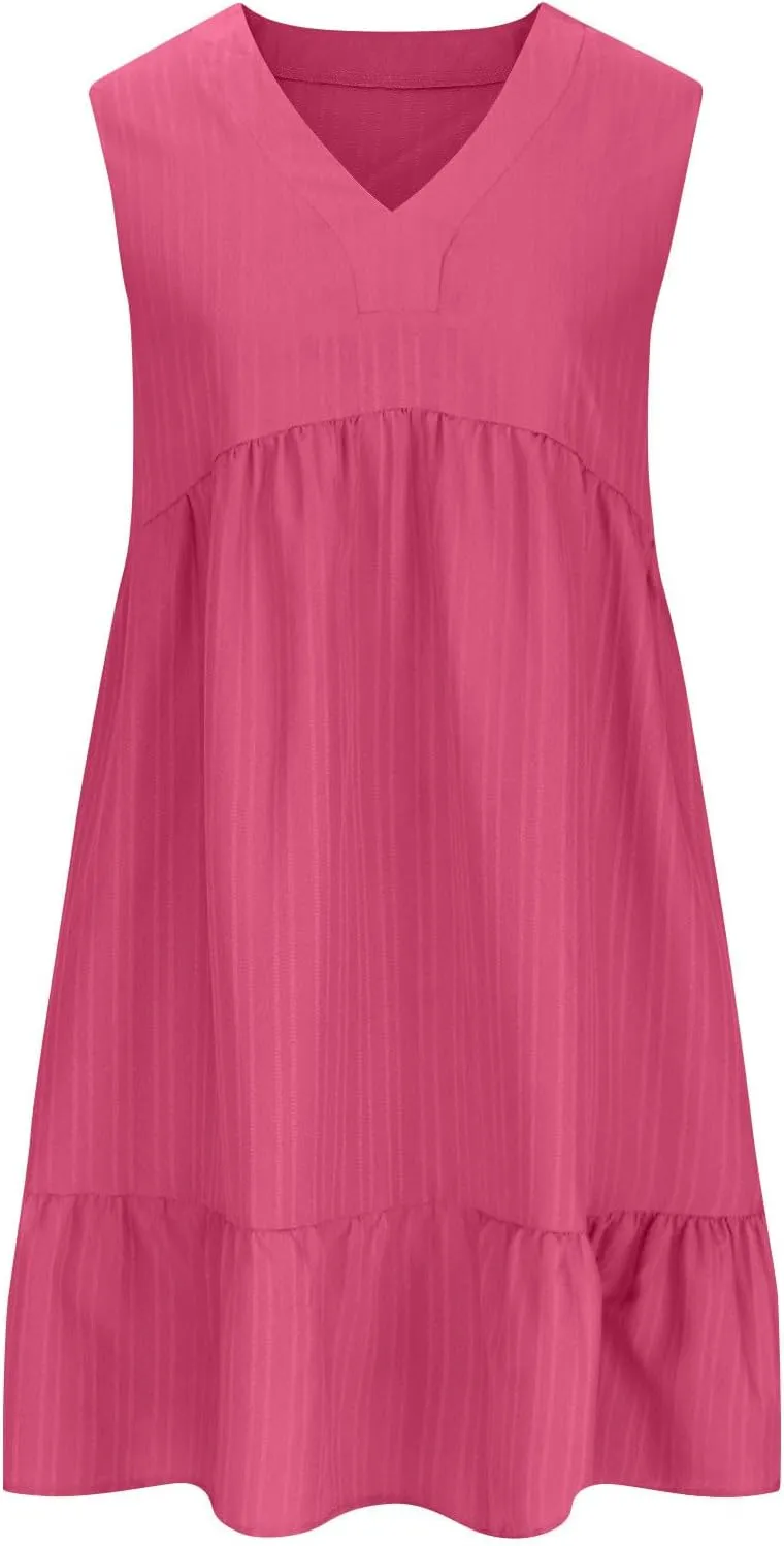 Summer Mini Dresses for Women Short Sleeve Ruffle Smocked Dress High Waist Casual Dresses A Line Swing Elegant Dress
