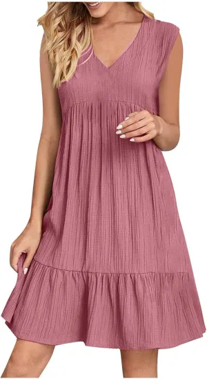 Summer Mini Dresses for Women Short Sleeve Ruffle Smocked Dress High Waist Casual Dresses A Line Swing Elegant Dress