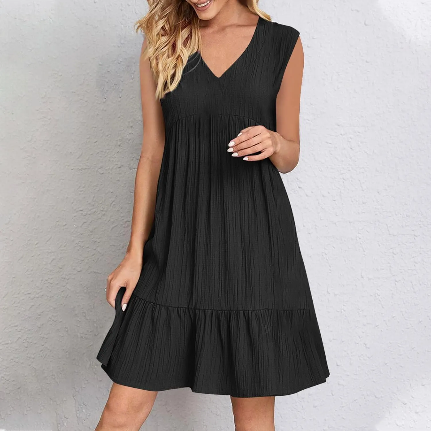 Summer Mini Dresses for Women Short Sleeve Ruffle Smocked Dress High Waist Casual Dresses A Line Swing Elegant Dress