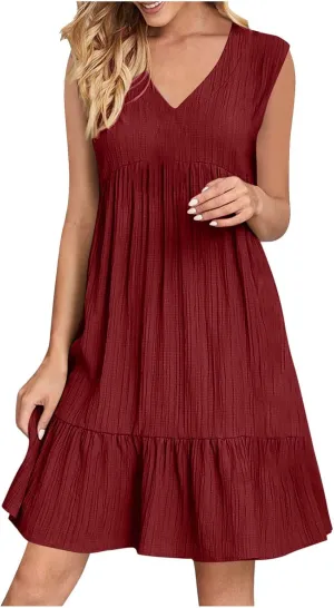 Summer Mini Dresses for Women Short Sleeve Ruffle Smocked Dress High Waist Casual Dresses A Line Swing Elegant Dress