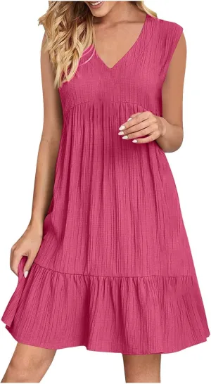 Summer Mini Dresses for Women Short Sleeve Ruffle Smocked Dress High Waist Casual Dresses A Line Swing Elegant Dress