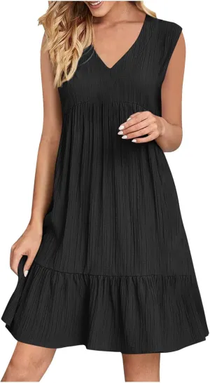 Summer Mini Dresses for Women Short Sleeve Ruffle Smocked Dress High Waist Casual Dresses A Line Swing Elegant Dress
