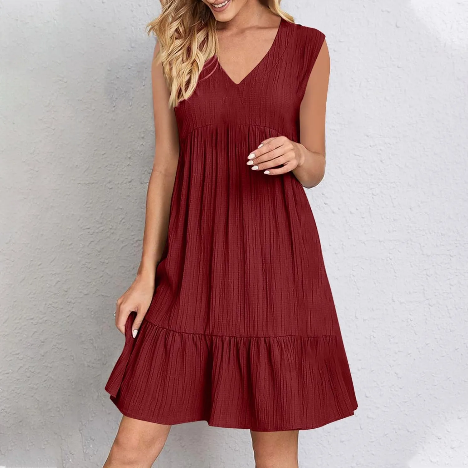 Summer Mini Dresses for Women Short Sleeve Ruffle Smocked Dress High Waist Casual Dresses A Line Swing Elegant Dress