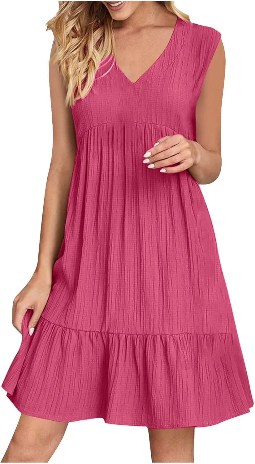 Summer Mini Dresses for Women Short Sleeve Ruffle Smocked Dress High Waist Casual Dresses A Line Swing Elegant Dress