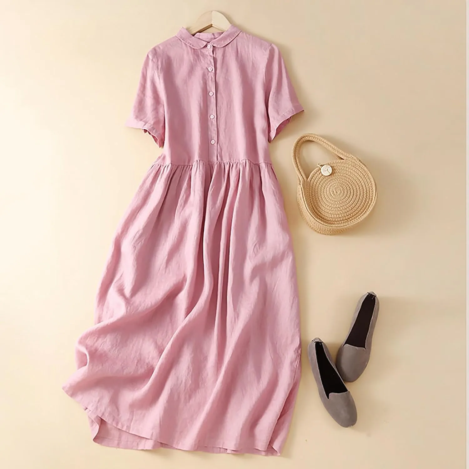 Summer Plus Size Cotton Linen Solid Dresses for Women Short Sleeve Crew Neck Loose Midi Dress