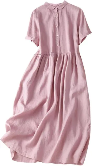 Summer Plus Size Cotton Linen Solid Dresses for Women Short Sleeve Crew Neck Loose Midi Dress